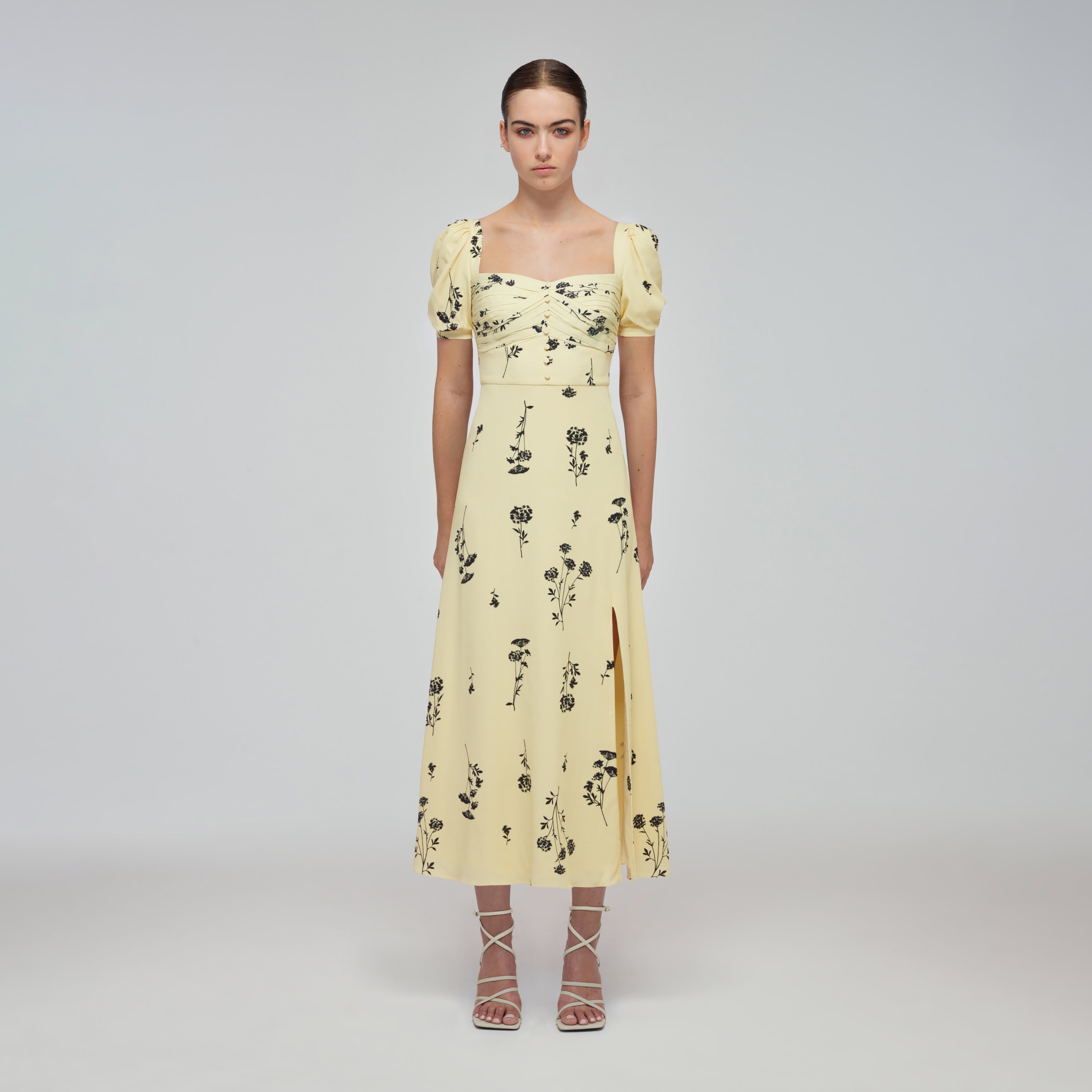 Yellow Floral Silhouette Stretch Crepe ...